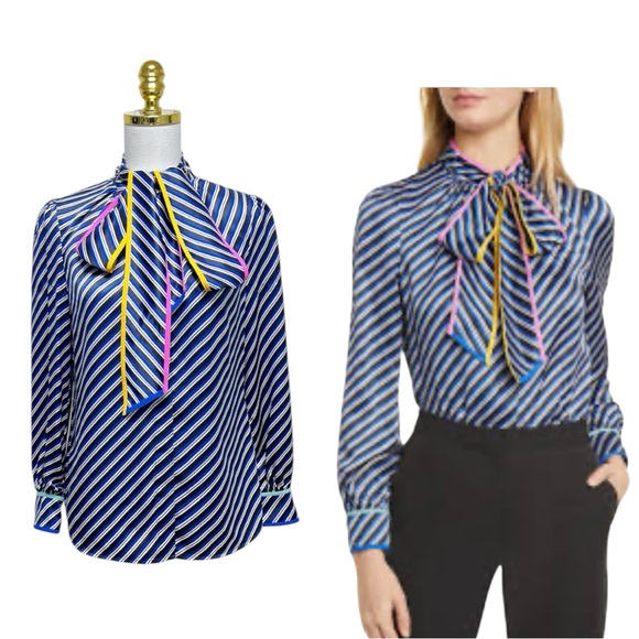 Tory Burch Tops - Tory Burch Silk Blue Striped Tie Neck long Sleeves Blouse Size 6